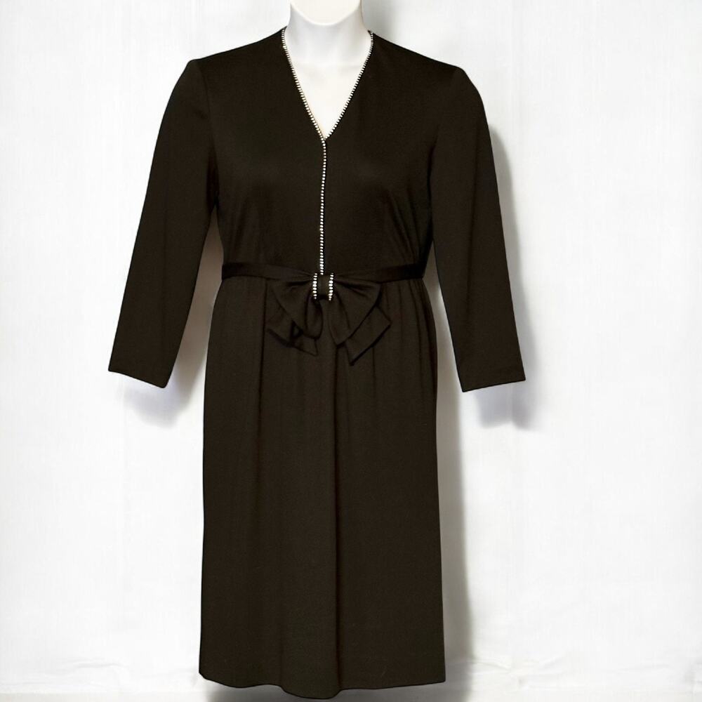 Vintage 70s Caron Petite Black Rhinestone Cocktail Dress 10P Bow Belt Retro Midi